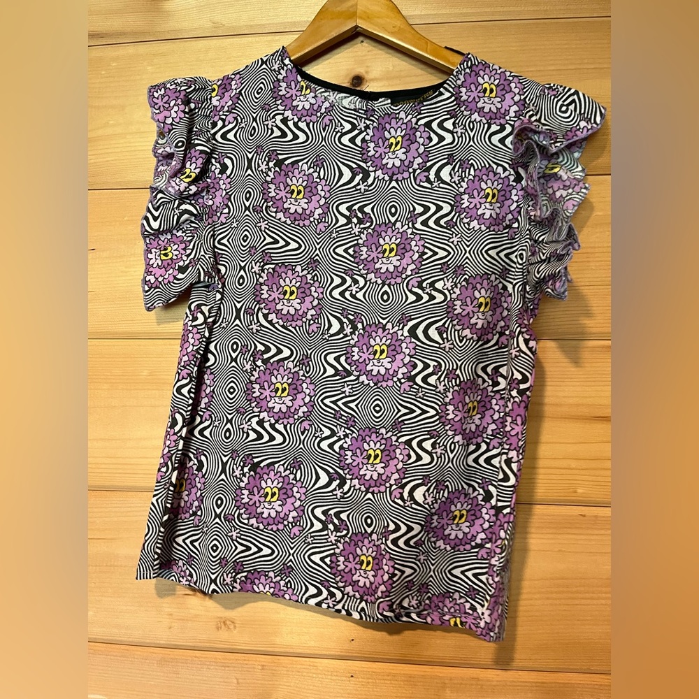 Nooworks haze print linen ruffle top NWT